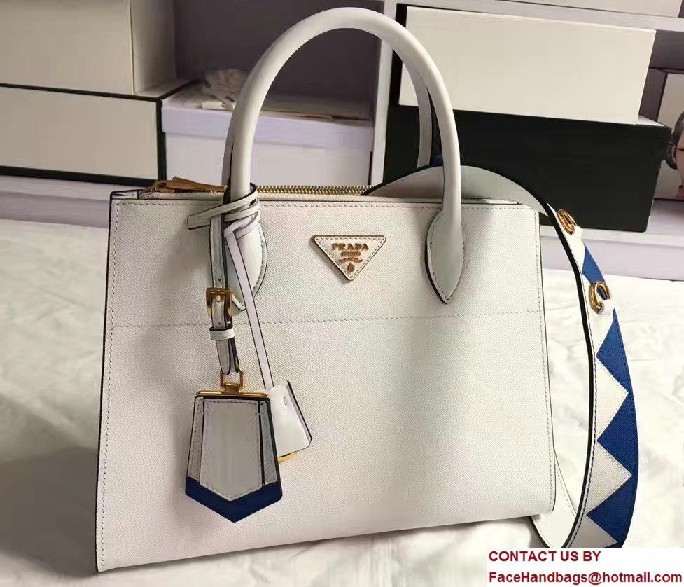 Prada Paradigme Saffiano And Calf Leather Bag 1BA102 White/Sea Blue With Embellishments On The Shoulder Strap 2017 - Click Image to Close