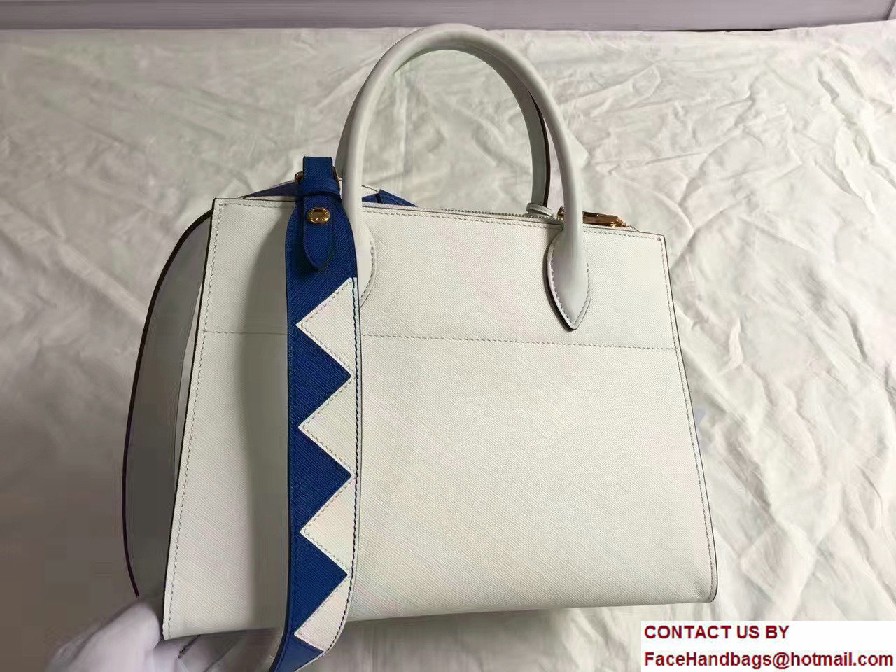 Prada Paradigme Saffiano And Calf Leather Bag 1BA102 White/Sea Blue With Embellishments On The Shoulder Strap 2017