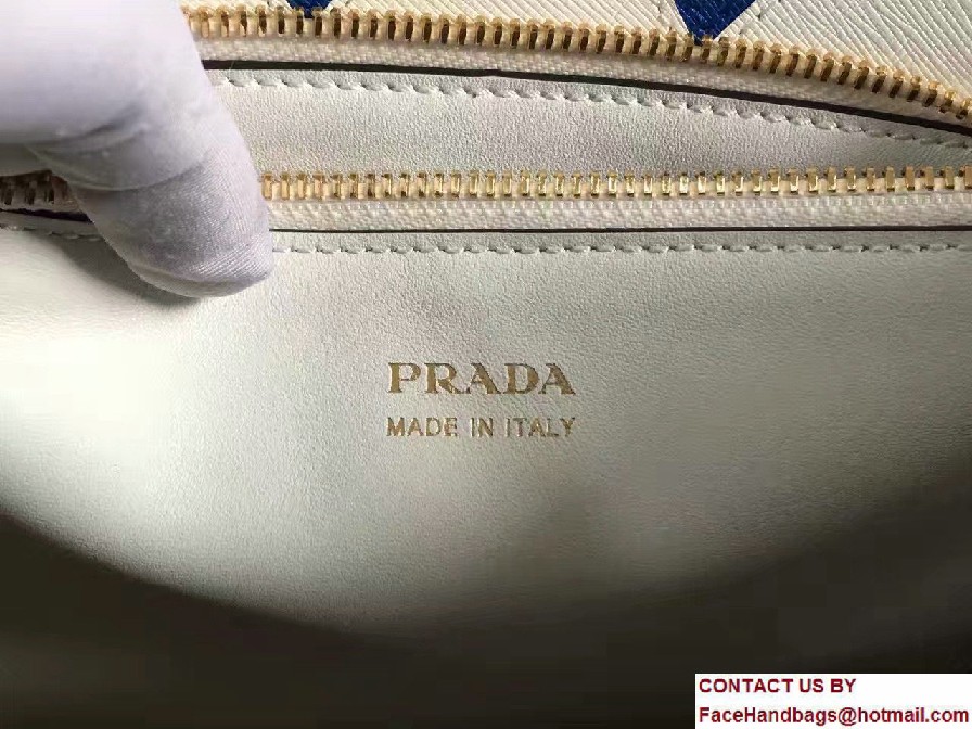 Prada Paradigme Saffiano And Calf Leather Bag 1BA102 White/Sea Blue With Embellishments On The Shoulder Strap 2017