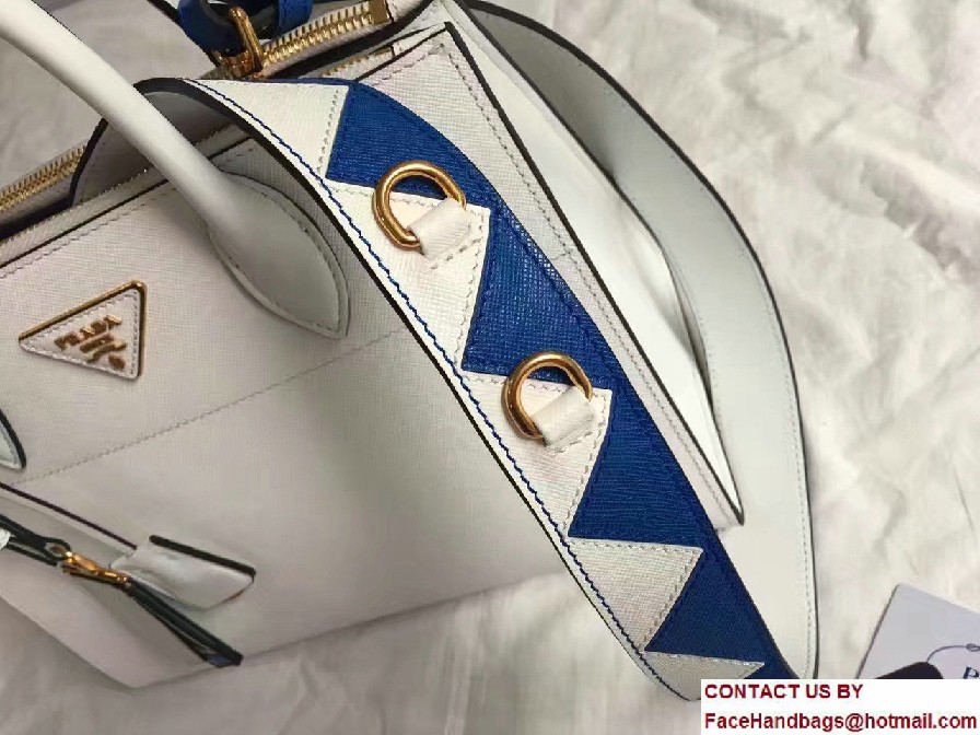 Prada Paradigme Saffiano And Calf Leather Bag 1BA102 White/Sea Blue With Embellishments On The Shoulder Strap 2017