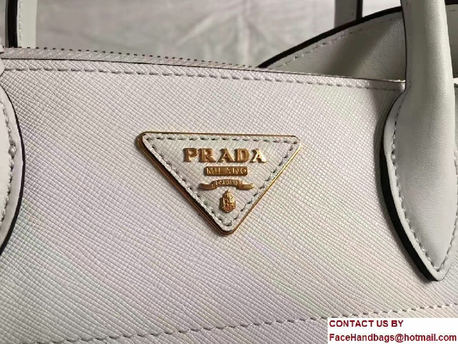 Prada Paradigme Saffiano And Calf Leather Bag 1BA102 White/Sea Blue With Embellishments On The Shoulder Strap 2017