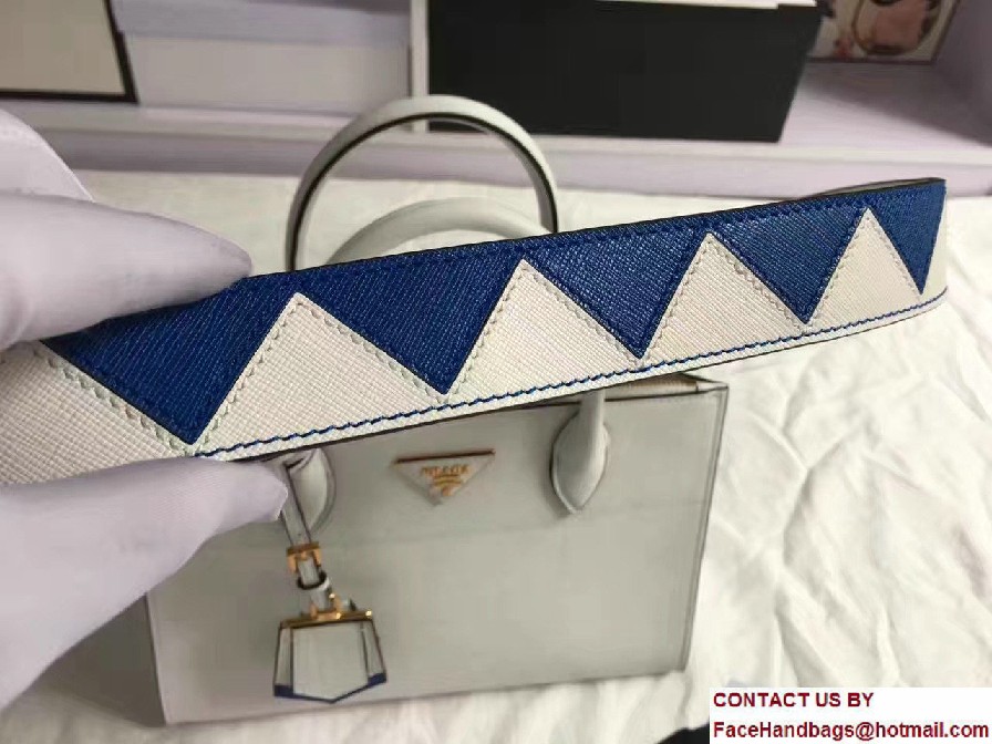 Prada Paradigme Saffiano And Calf Leather Bag 1BA102 White/Sea Blue With Embellishments On The Shoulder Strap 2017