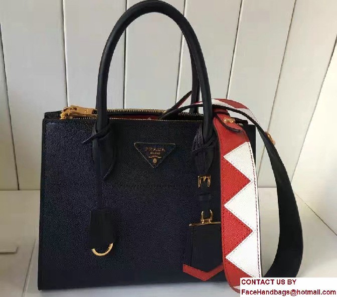 Prada Paradigme Saffiano And Calf Leather Bag 1BA103 Baltic Blue/Red With Embellishments On The Shoulder Strap 2017