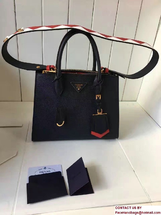 Prada Paradigme Saffiano And Calf Leather Bag 1BA103 Baltic Blue/Red With Embellishments On The Shoulder Strap 2017