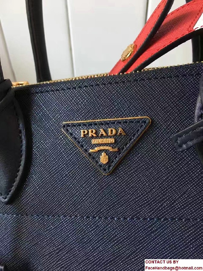 Prada Paradigme Saffiano And Calf Leather Bag 1BA103 Baltic Blue/Red With Embellishments On The Shoulder Strap 2017