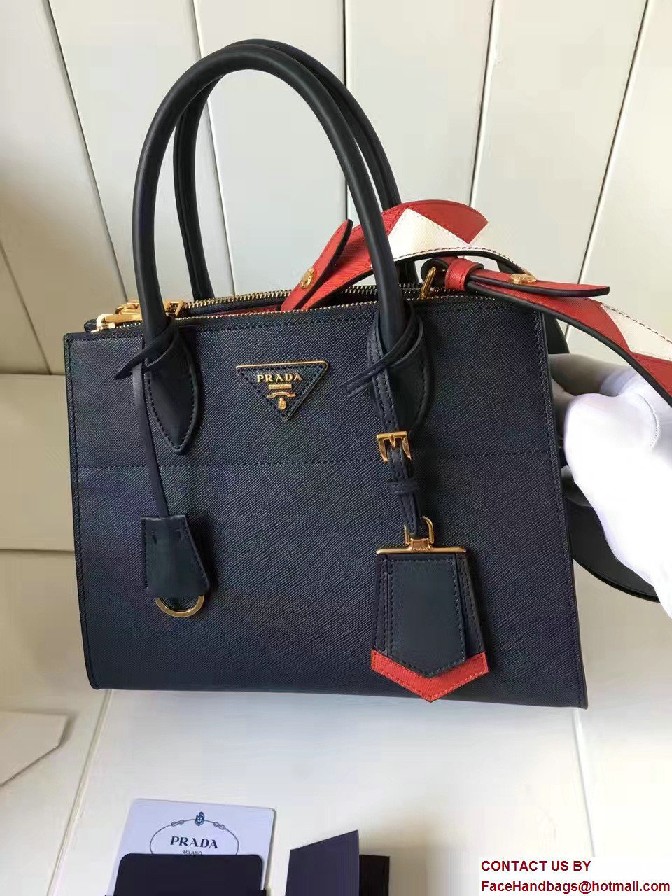 Prada Paradigme Saffiano And Calf Leather Bag 1BA103 Baltic Blue/Red With Embellishments On The Shoulder Strap 2017