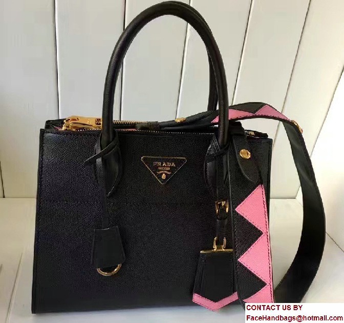 Prada Paradigme Saffiano And Calf Leather Bag 1BA103 Black/Begonia With Embellishments On The Shoulder Strap 2017