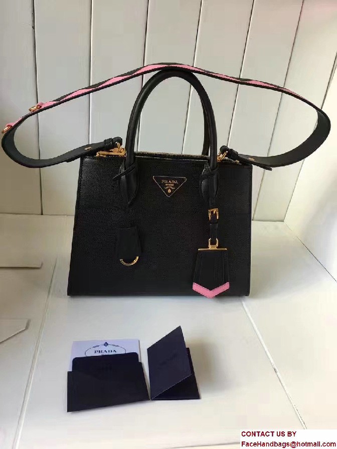 Prada Paradigme Saffiano And Calf Leather Bag 1BA103 Black/Begonia With Embellishments On The Shoulder Strap 2017