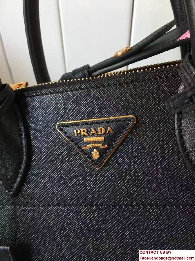 Prada Paradigme Saffiano And Calf Leather Bag 1BA103 Black/Begonia With Embellishments On The Shoulder Strap 2017