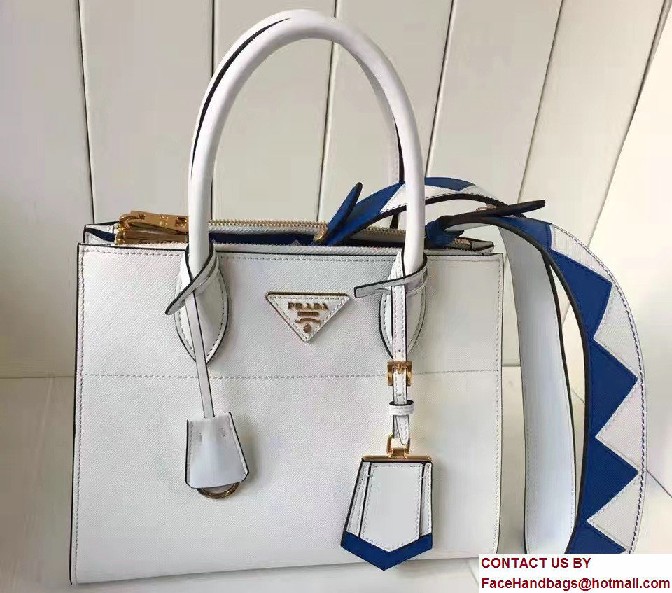 Prada Paradigme Saffiano And Calf Leather Bag 1BA103 White/Sea Blue With Embellishments On The Shoulder Strap 2017 - Click Image to Close