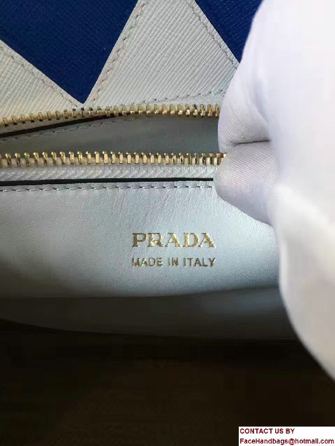 Prada Paradigme Saffiano And Calf Leather Bag 1BA103 White/Sea Blue With Embellishments On The Shoulder Strap 2017