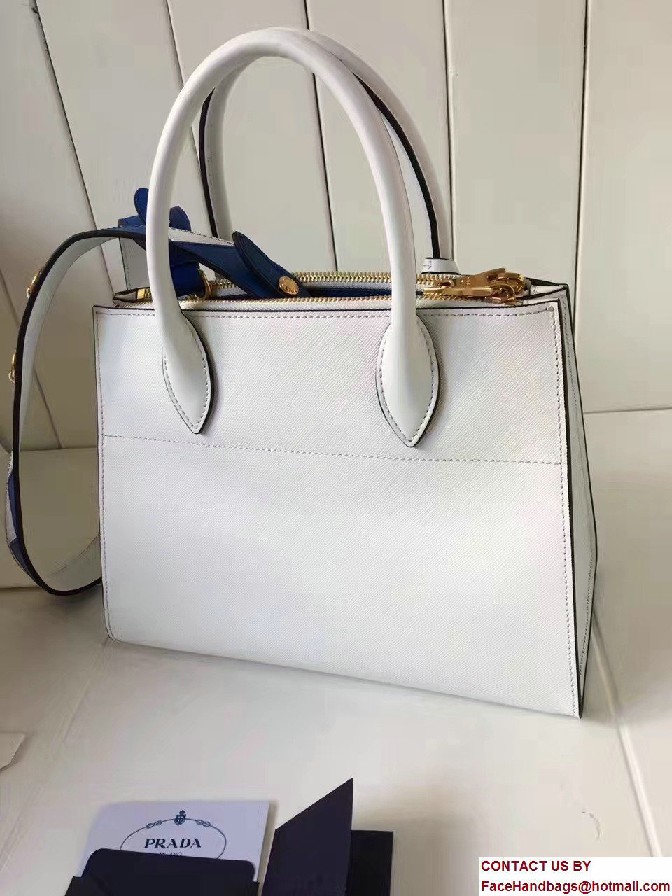 Prada Paradigme Saffiano And Calf Leather Bag 1BA103 White/Sea Blue With Embellishments On The Shoulder Strap 2017