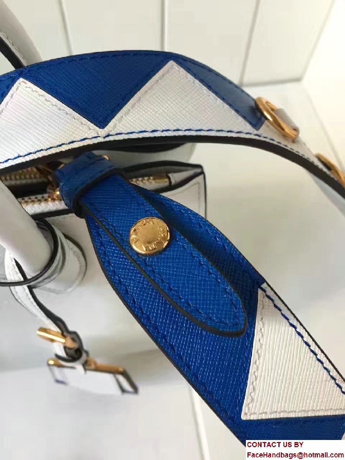 Prada Paradigme Saffiano And Calf Leather Bag 1BA103 White/Sea Blue With Embellishments On The Shoulder Strap 2017