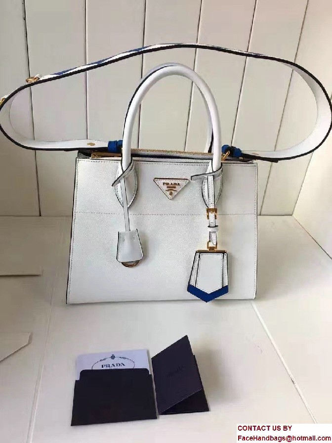 Prada Paradigme Saffiano And Calf Leather Bag 1BA103 White/Sea Blue With Embellishments On The Shoulder Strap 2017