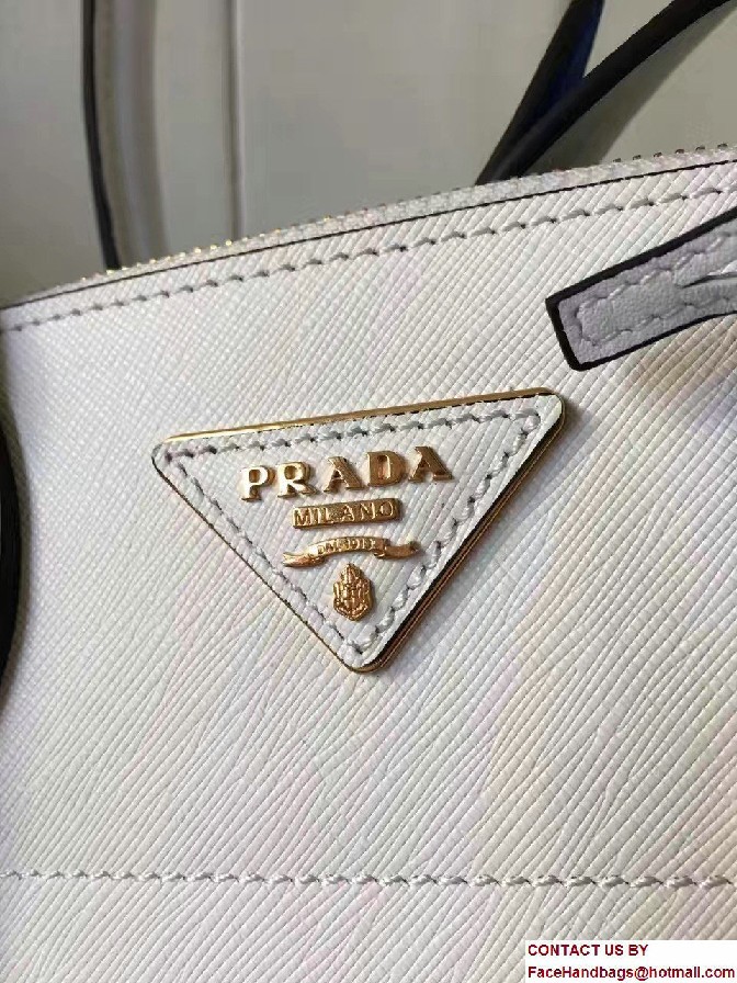 Prada Paradigme Saffiano And Calf Leather Bag 1BA103 White/Sea Blue With Embellishments On The Shoulder Strap 2017