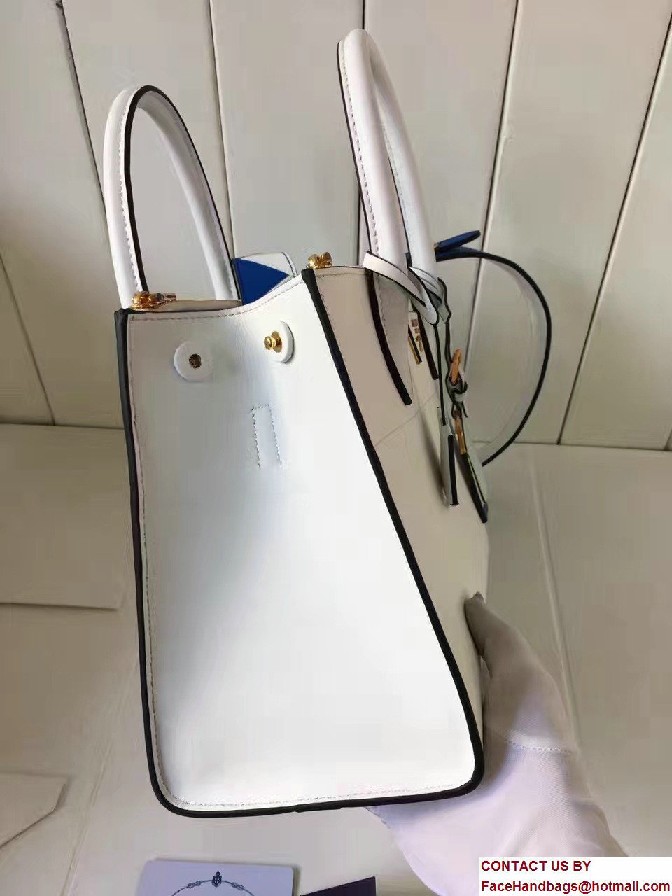 Prada Paradigme Saffiano And Calf Leather Bag 1BA103 White/Sea Blue With Embellishments On The Shoulder Strap 2017