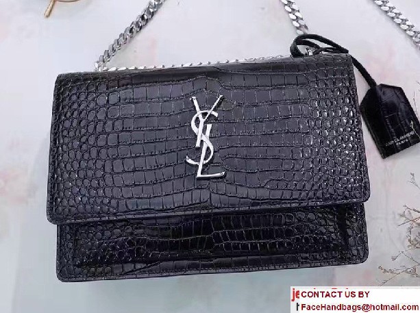 Saint Laurent Medium Sunset Monogram Flap Front Bag In Crocodile Embossed Shiny Leather 442906 Black 01 2016