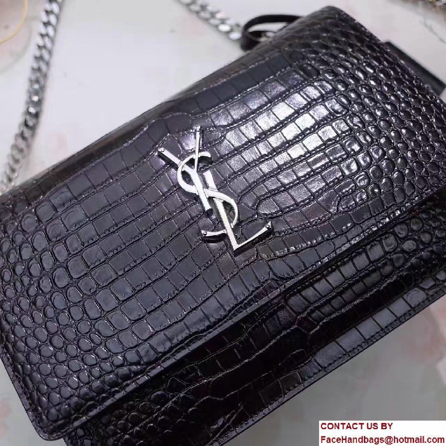 Saint Laurent Medium Sunset Monogram Flap Front Bag In Crocodile Embossed Shiny Leather 442906 Black 01 2016