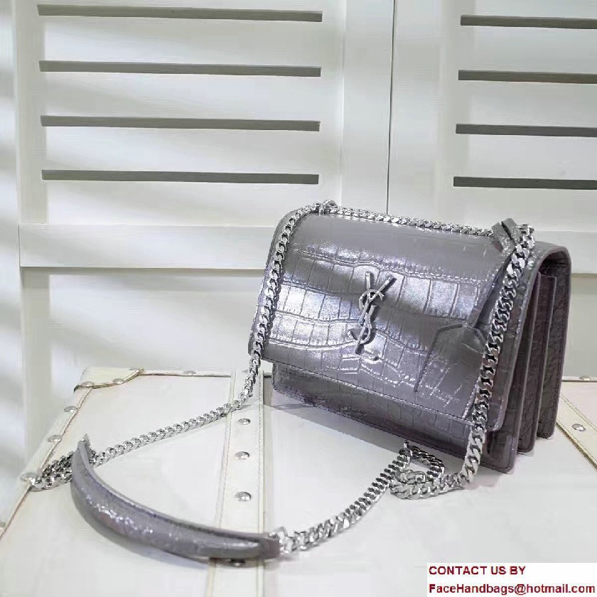 Saint Laurent Medium Sunset Monogram Flap Front Bag In Crocodile Embossed Shiny Leather 442906 Gray 2016