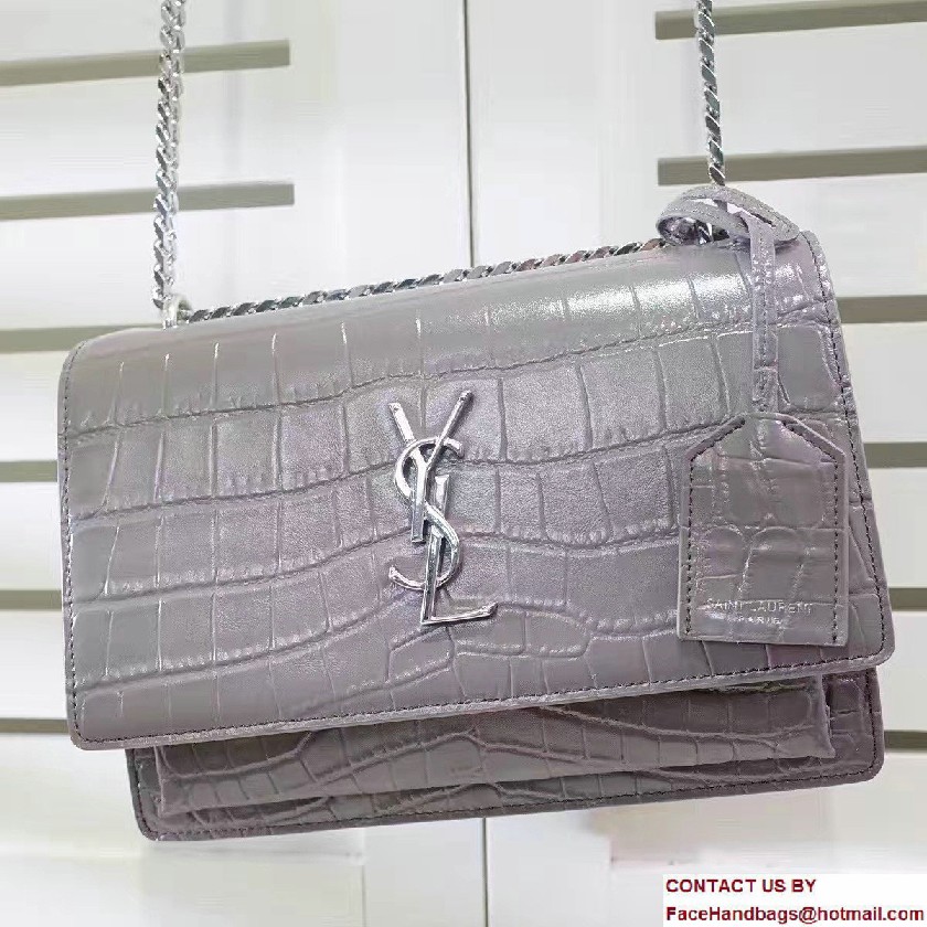 Saint Laurent Medium Sunset Monogram Flap Front Bag In Crocodile Embossed Shiny Leather 442906 Gray 2016