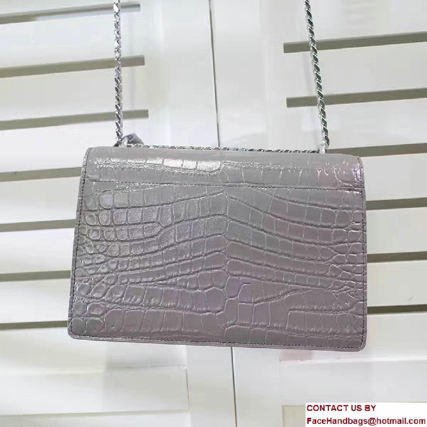 Saint Laurent Medium Sunset Monogram Flap Front Bag In Crocodile Embossed Shiny Leather 442906 Gray 2016