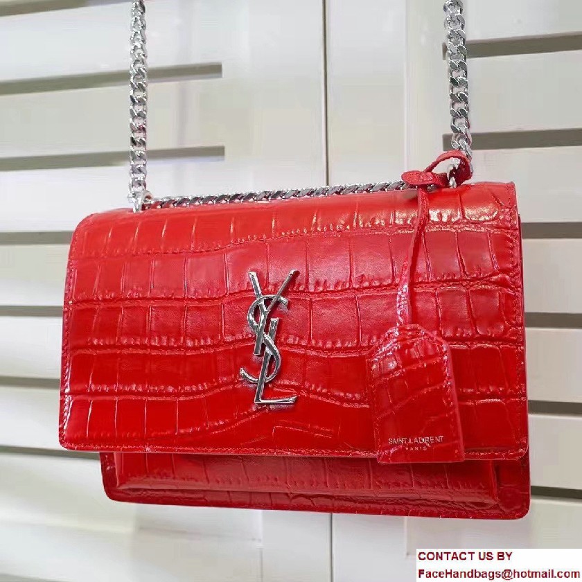 Saint Laurent Medium Sunset Monogram Flap Front Bag In Crocodile Embossed Shiny Leather 442906 Red 2016