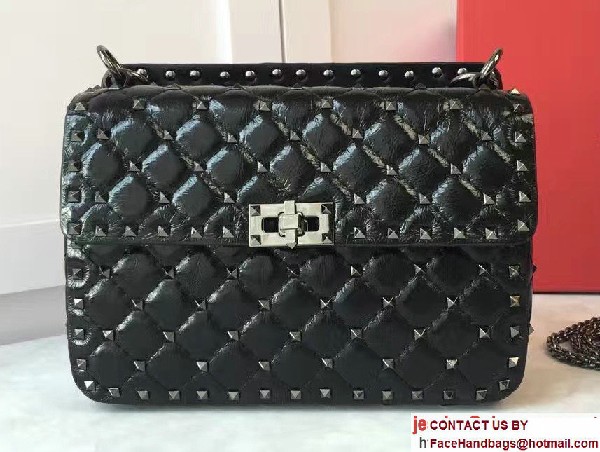 Valentino Crinkled Leather Rhombus Rockstud Spike Medium Chain Shoulder Bag Black 2017 - Click Image to Close