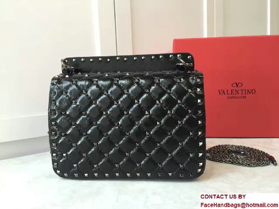 Valentino Crinkled Leather Rhombus Rockstud Spike Medium Chain Shoulder Bag Black 2017