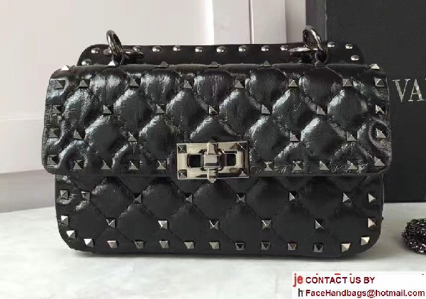 Valentino Crinkled Leather Rhombus Rockstud Spike Small Chain Shoulder Bag Black 2017