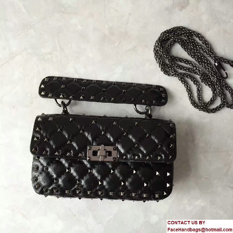 Valentino Crinkled Leather Rhombus Rockstud Spike Small Chain Shoulder Bag Black 2017