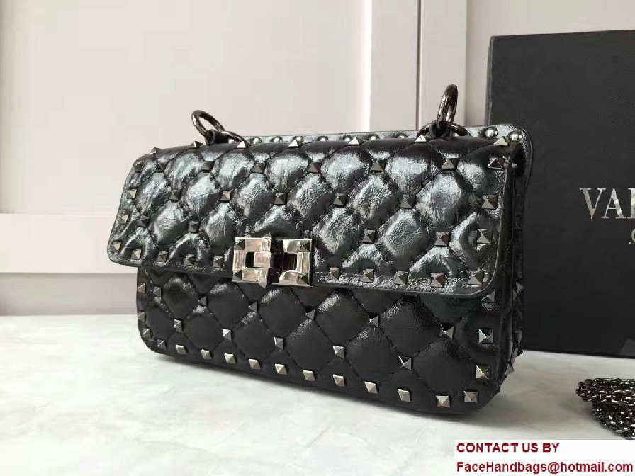 Valentino Crinkled Leather Rhombus Rockstud Spike Small Chain Shoulder Bag Black 2017