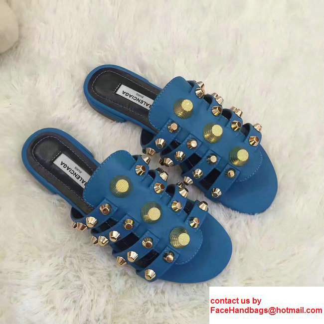 Balenciaga Giant Gold Metal Studs Mules Sandals Blue 2017