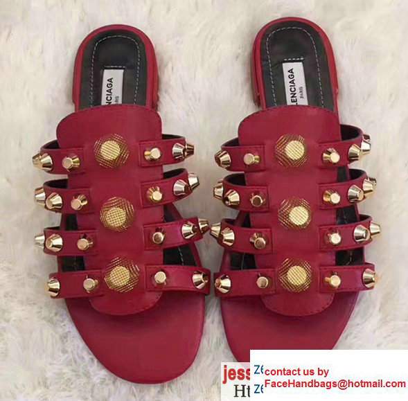 Balenciaga Giant Gold Metal Studs Mules Sandals Red 2017