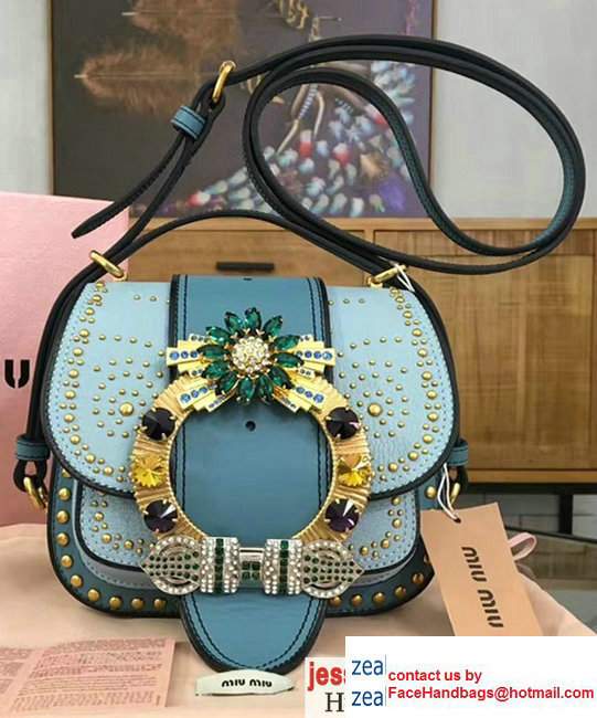 Miu Miu Embellished Studs And Jeweled Buckle Lux Madras Shoulder Bag 5BH019 Blue 2017