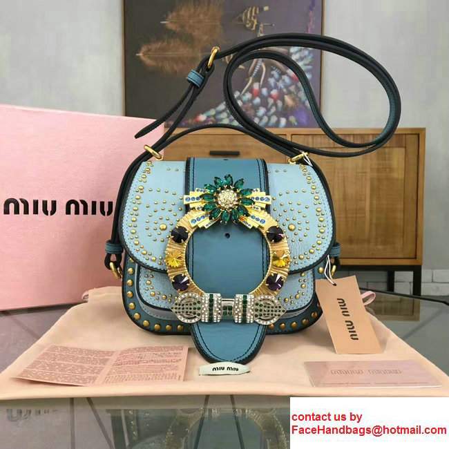 Miu Miu Embellished Studs And Jeweled Buckle Lux Madras Shoulder Bag 5BH019 Blue 2017