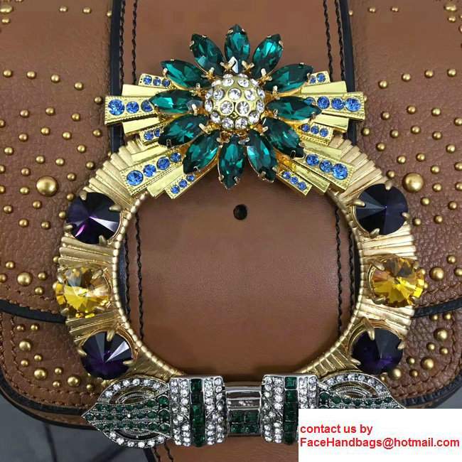 Miu Miu Embellished Studs And Jeweled Buckle Lux Madras Shoulder Bag 5BH019 Brown 2017