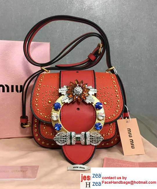 Miu Miu Embellished Studs And Jeweled Buckle Lux Madras Shoulder Bag 5BH019 Red2017