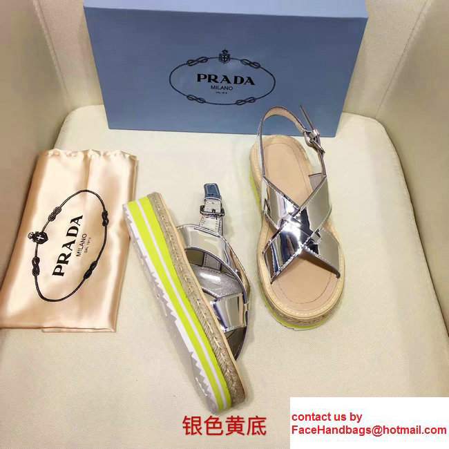 Prada Brushed Calf Leather Crisscross Sandals 1XZ413 Silver/Yellow 2017