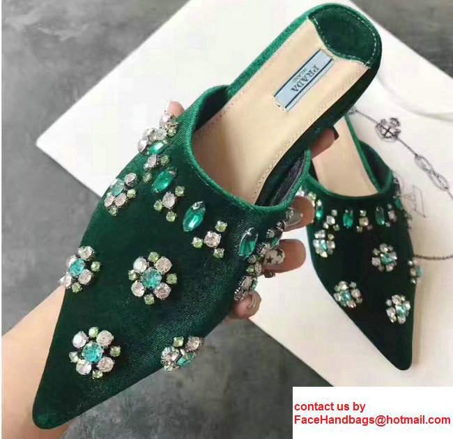 Prada Crystal Embellished Slipper Sandals Green 2017