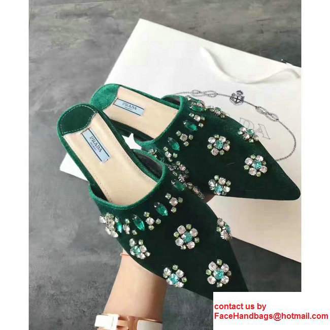 Prada Crystal Embellished Slipper Sandals Green 2017