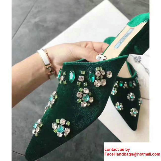 Prada Crystal Embellished Slipper Sandals Green 2017