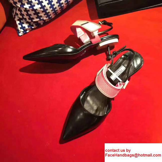 Prada Heel 5cm Laminated Kid Leather Pointy Toe Slingback Pump Black2017