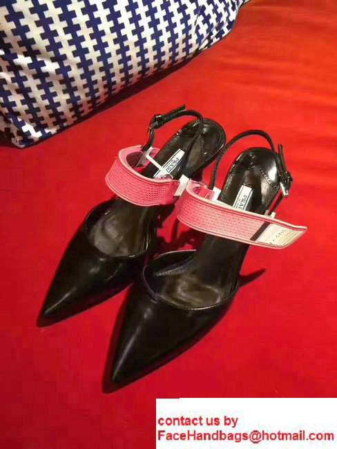 Prada Heel 5cm Laminated Kid Leather Pointy Toe Slingback Pump Black2017