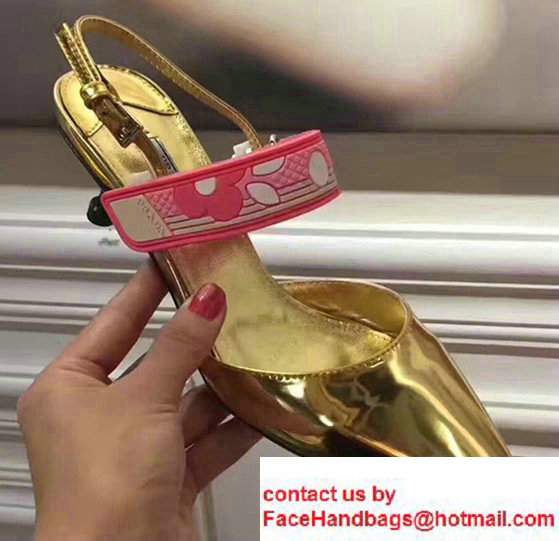 Prada Heel 5cm Laminated Kid Leather Pointy Toe Slingback Pump Gold 2017