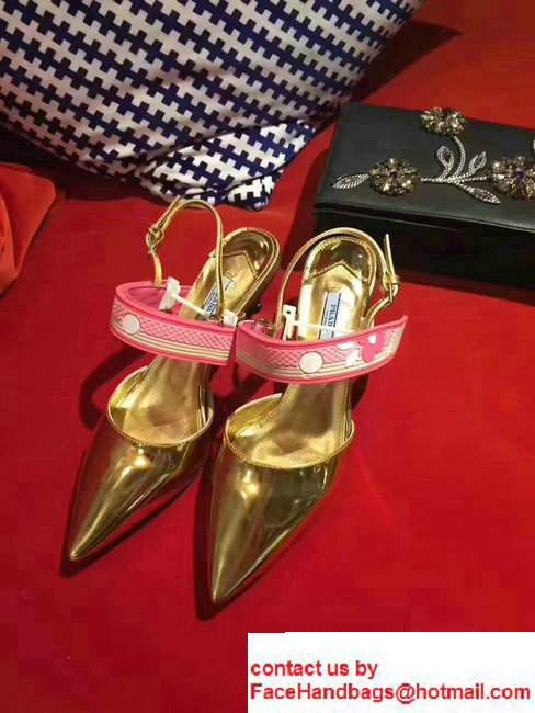 Prada Heel 5cm Laminated Kid Leather Pointy Toe Slingback Pump Gold 2017