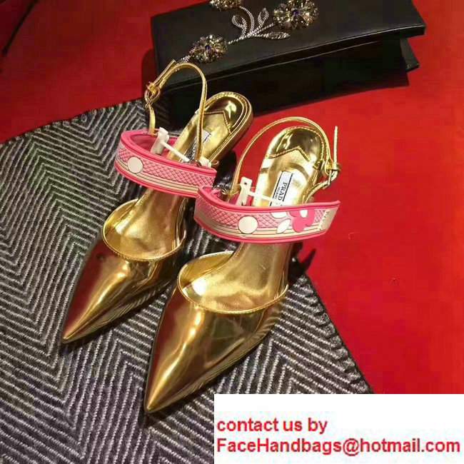 Prada Heel 5cm Laminated Kid Leather Pointy Toe Slingback Pump Gold 2017