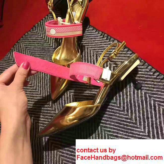 Prada Heel 5cm Laminated Kid Leather Pointy Toe Slingback Pump Gold 2017