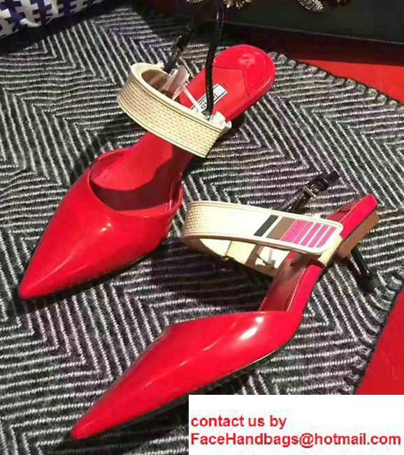 Prada Heel 5cm Laminated Kid Leather Pointy Toe Slingback Pump Red2017