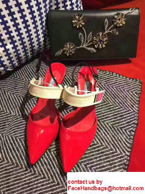 Prada Heel 5cm Laminated Kid Leather Pointy Toe Slingback Pump Red2017