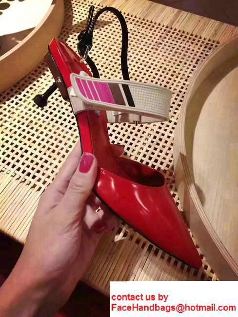 Prada Heel 5cm Laminated Kid Leather Pointy Toe Slingback Pump Red2017